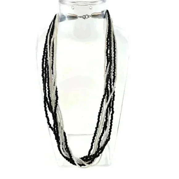 Cluster Layered Black and White Tiny Seed Bead Multi Strand Necklace 17" Long - Picture 1 of 11